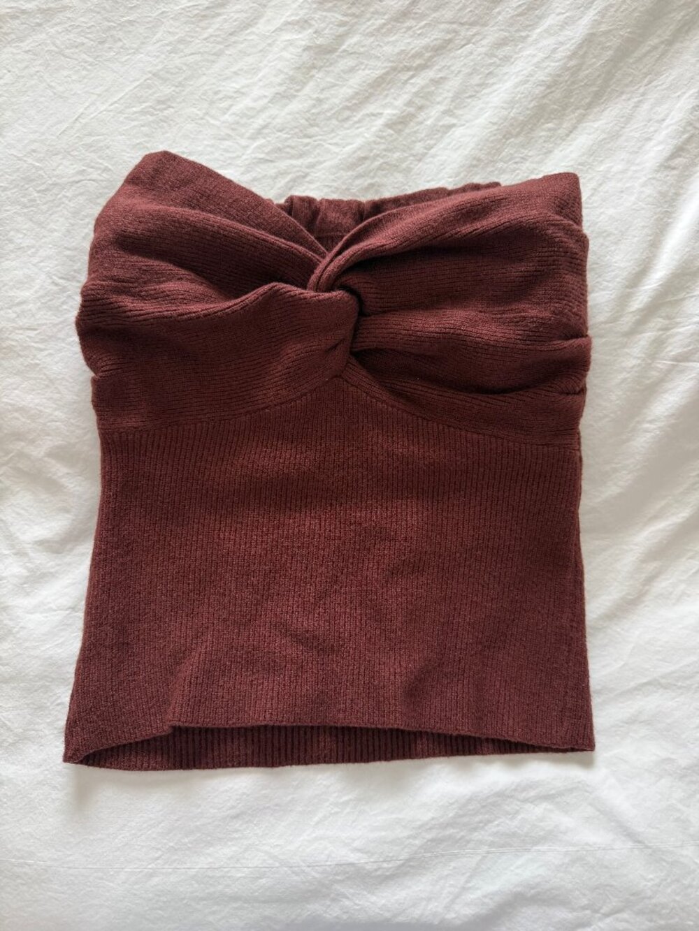 Brown Ribbed Twist-Front Tube Top — Size S